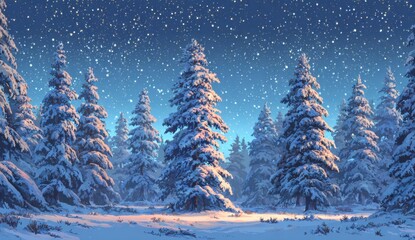 Obraz premium Snowy pine forest at night