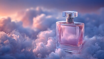 Elegant Perfume Bottle on Cloudscape with Pastel Sky