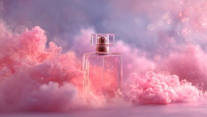 Elegant Perfume Bottle on Cloudscape with Pastel Sky