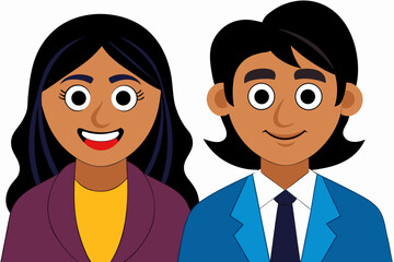 Two diverse cartoon people, a woman and a man, smiling and looking forward