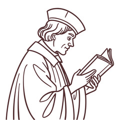 A man wearing a cap and robe reads a book depicted in a simple line drawing style