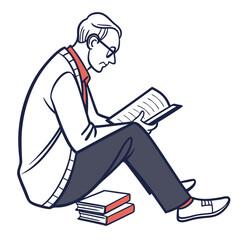 A man wearing glasses and a sweater sits on the floor reading a book with two more books nearby