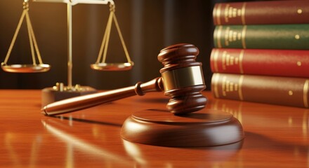 Gavel and scales of justice on a wooden desk with stacked books, reflecting legal concepts, concept for jurisprudence, courtroom proceedings and juridical system