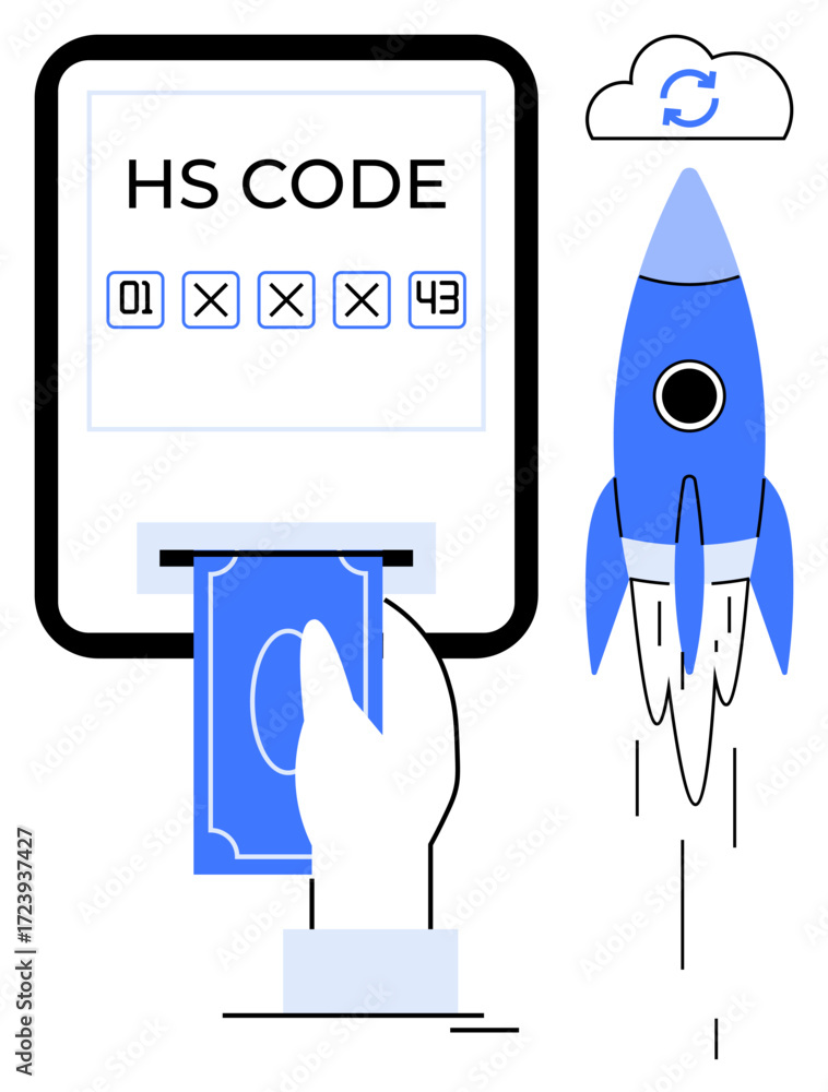 Aufkleber hand inserting cash into payment system with displayed hs code, rocket launching, cloud sync sign. i