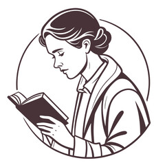Elegant woman in profile reading a book with her hair in a bun within a circular frame
