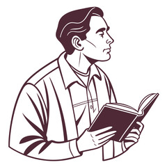 Focused man in profile reading an open book with a thoughtful expression in a stylized line art illustration