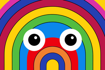 Fototapeta premium A whimsical and colorful abstract illustration featuring a cartoonish face with large googly eyes set against a vibrant, concentric rainbow arch pattern