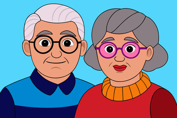 A cartoon illustration of an elderly couple, a man and a woman, both wearing glasses and smiling warmly against a bright blue background