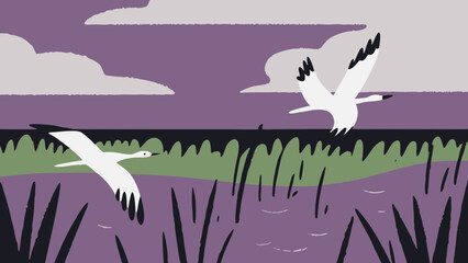 Two white geese flying over a marshy landscape with purple sky and clouds, illustration