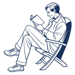 Smiling man relaxing in a deck chair reading a book on a white background line art illustration