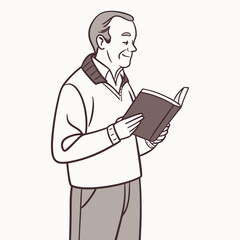Smiling older man wearing a sweater and collared shirt reading a book with a happy expression