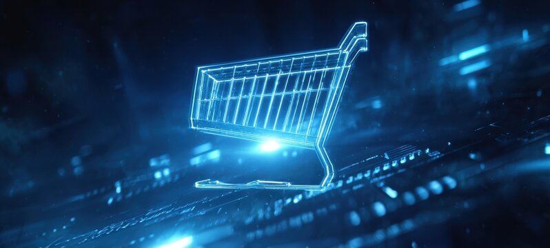 The Shopping Cart Hologram Floating Above Digital Circuit Board Representing Ecommerce Technology
