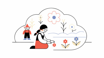 A young girl kneeling and planting flowers in a garden with a scarecrow standing nearby