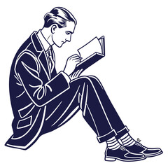 Vintage style man in a suit sitting on the floor and reading a book with concentration