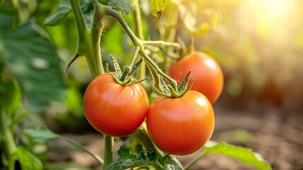 Ripe red tomatoes hanging on green vines in a sunlit garden, showcasing vibrant colors and fresh produce, representing healthy eating and agricultural beauty