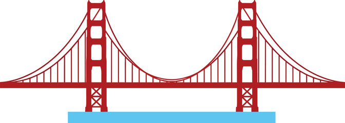 Golden Gate Bridge Vector Illustration with Red Towers and Suspension Cables for San Francisco Landmark, Architecture, Travel Poster, and Engineering Design
