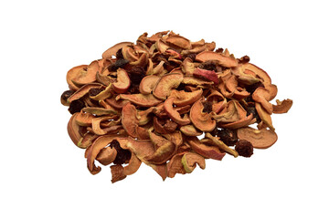 Organic dried fruits mix with apples, pears and plums on white background