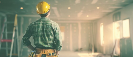 The construction worker surveying an unfinished interior renovation site with tool belt and hard hat