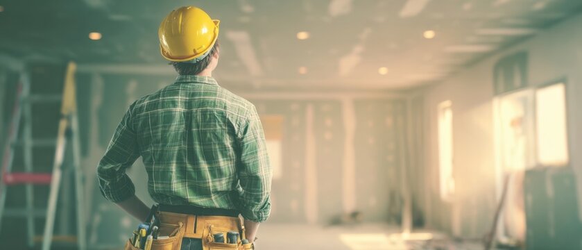 The construction worker surveying an unfinished interior renovation site with tool belt and hard hat