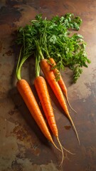 Fresh carrots with green leaves on a textured surface