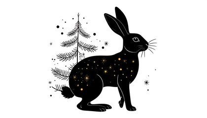 Black silhouette of a rabbit with golden stars, nestled amongst a wintery pine tree