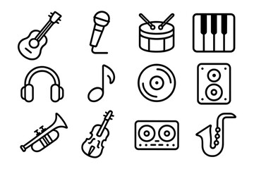 Obraz premium Minimalist black and white music icon set featuring instruments and audio equipment