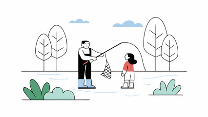 Father and daughter fishing together in a park with trees and clouds, illustration in a simple line art style