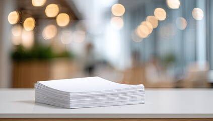 Stack of blank white papers on a table, blurred background