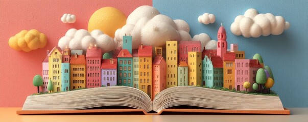 Colorful miniature city emerges from an open book under vivid cloudscape