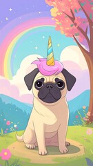 Cute pug wearing unicorn horn