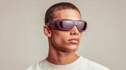 A man wearing sleek, futuristic smart glasses in a modern studio setting.