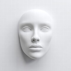 A serene white mask is presented with a minimalist aesthetic and soft shadows.
