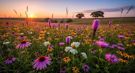 Vibrant Wildflower Meadow Bathed in Golden Sunrise Light.