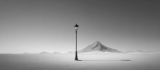 Monochromatic desert landscape with lone lamppost