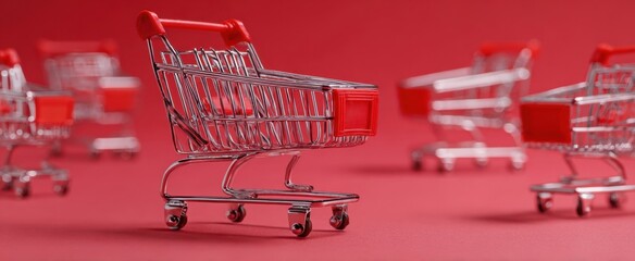 The Shopping Cart Concept in Miniature on a Vibrant Red Background with Repetition