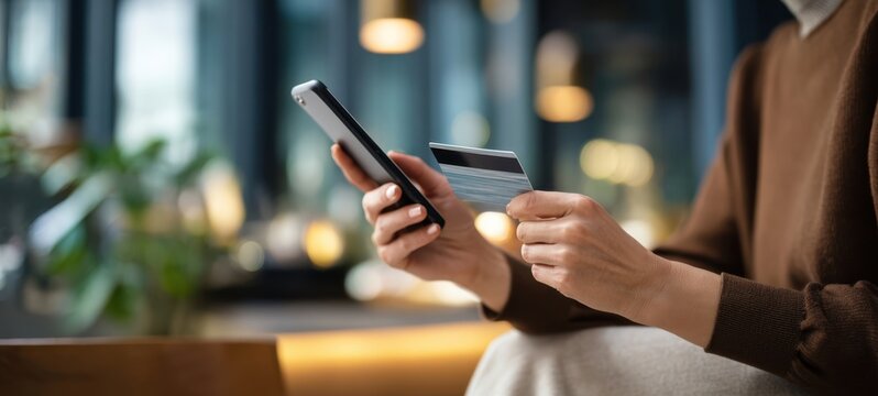 The woman making an online payment with smartphone and credit card in cafe