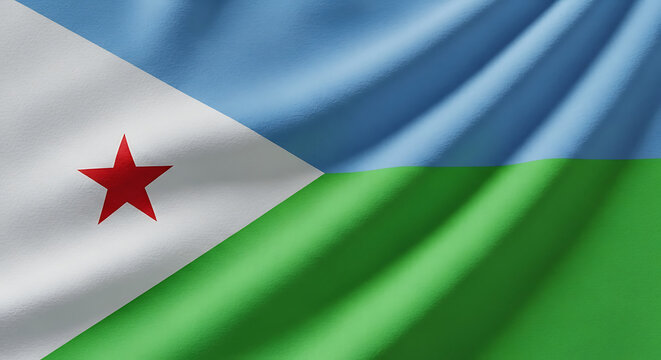 Closeup shot of the djiboutian flag waving gently, highlighting the unique combination of light blue, green, white, and red, with the striking red star symbolizing unity and guidance for the nation