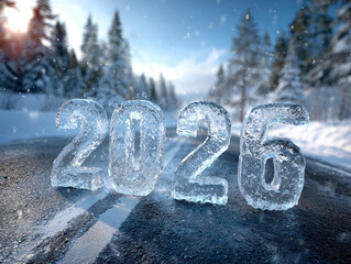 Ice cube sculpture of 2026 in diagonal orientation, leading to a sunlit snowy mountain landscape Realistic with surrealist elements, symbolizing the unknown future and hope for 2026 - AI-Generated