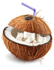 Fresh coconut half with drink straw
