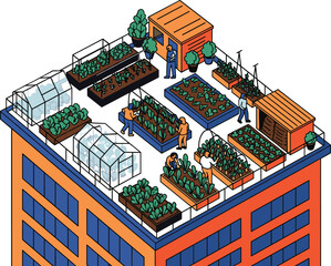 Urban rooftop garden illustration with people planting vegetables, greenhouses, raised beds, sustainable farming, organic food, eco-friendly lifestyle vector design