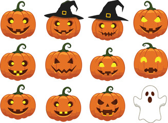 Halloween pumpkins, cartoon jack o lantern faces, spooky glowing pumpkins, witch hat pumpkin, ghost illustration, funny scary pumpkins, Halloween decoration design