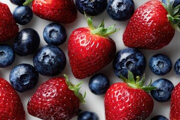Obraz premium Fresh strawberries and blueberries arranged on a white surface