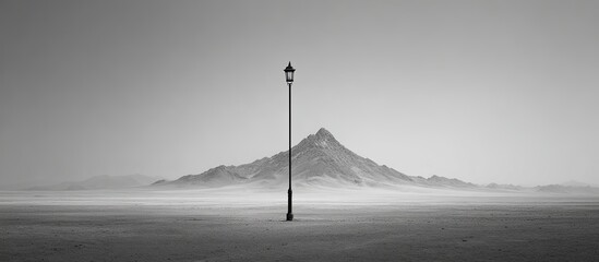 A solitary lamppost on a vast, desolate plain before a hazy mountain range