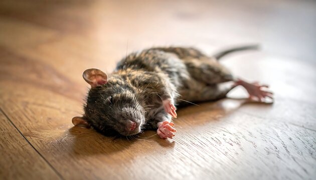 A sleeping rat on a wooden floor