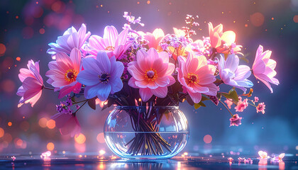 magical glowing flower bouquet in glass vase, ethereal fantasy aesthetic, transparent