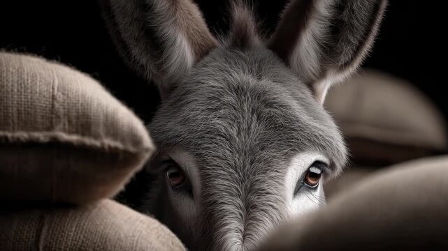 Donkey Hiding Behind Sack Pile Peeking