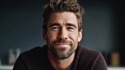 Obraz premium A close-up portrait of a smiling, handsome man with a beard