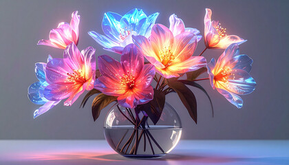 magical glowing flower bouquet in glass vase, ethereal fantasy aesthetic, transparent