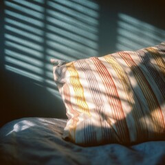 Soft sunlight streams through blinds onto a striped pillow on a bed