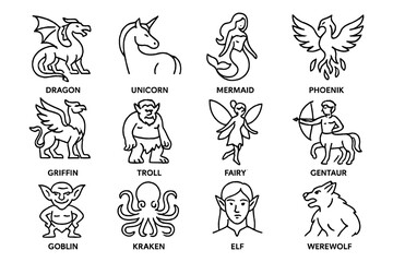 Mythical creatures collection featuring unicorns, mermaids, and more in linear style